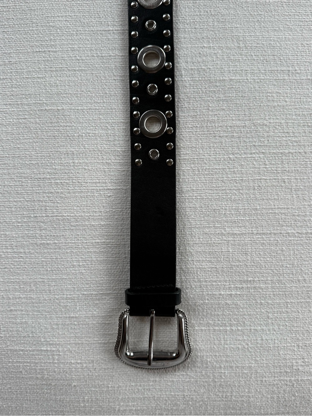 The Kooples Black Leather Studded Belt with Silver Buckle